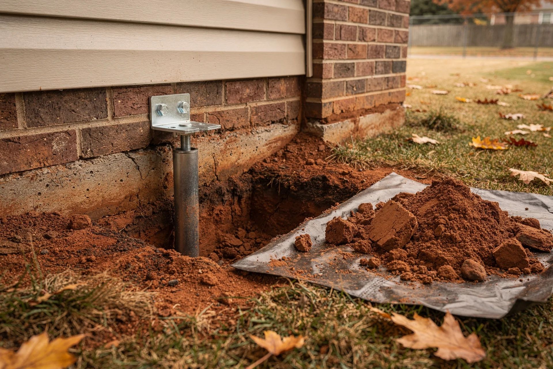 Steel foundation pier and bracket beside a house foundation, with excavated soil on a tarp