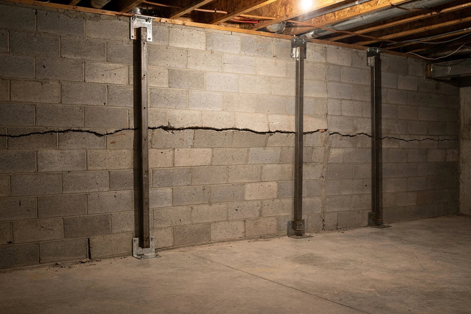 Basement block wall reinforced with vertical steel braces